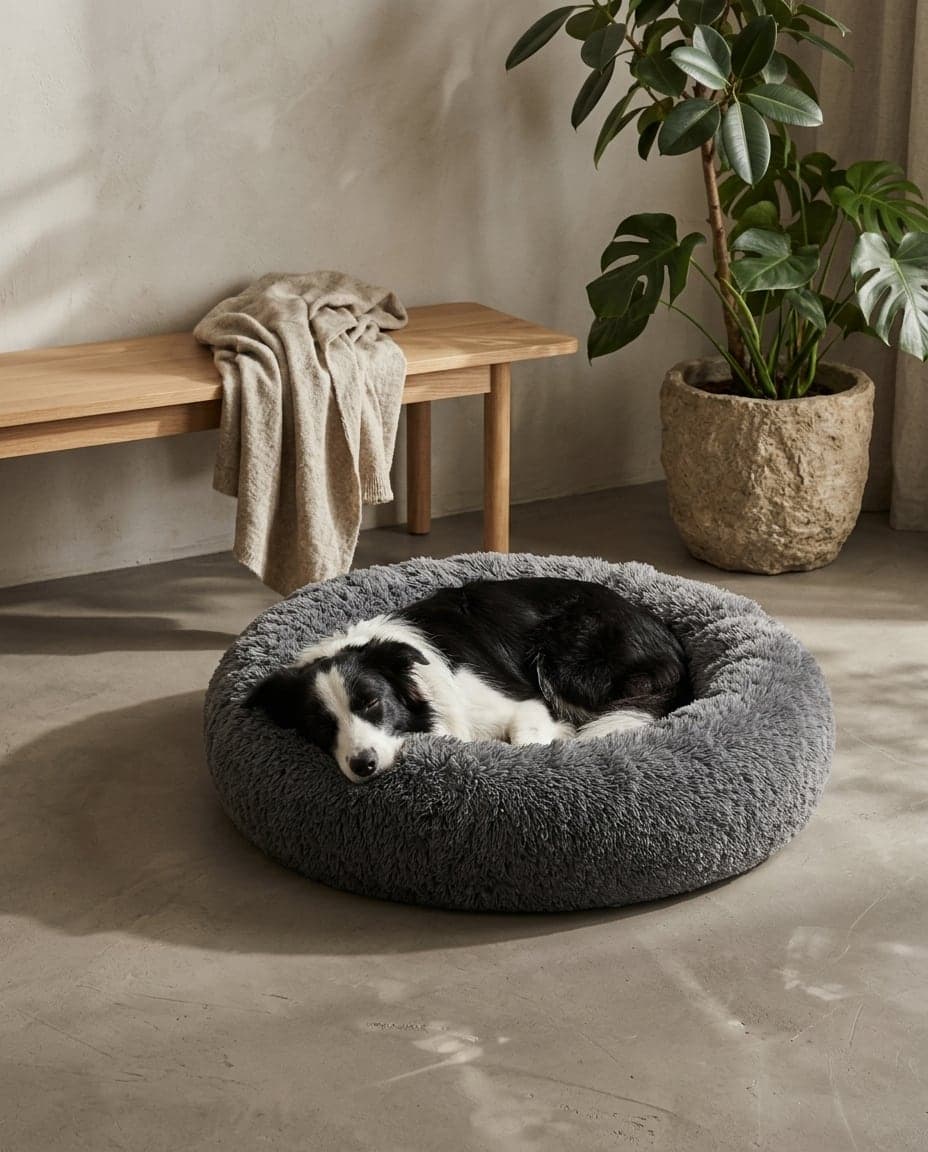 Grafitowe Legowisko Chmurkowe 100 cm, śpi w nim border collie